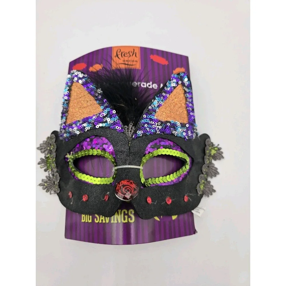 Lot Of 3 Halloween Masquerade Masks Sequin Sparkle Cat Purple Green